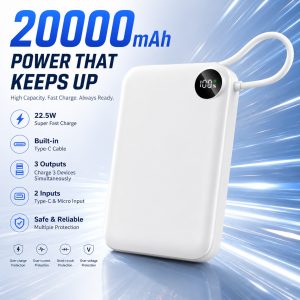 Portable 20000mAh Fast Charging Power Bank USB-C Built-in Cable Mini External Battery